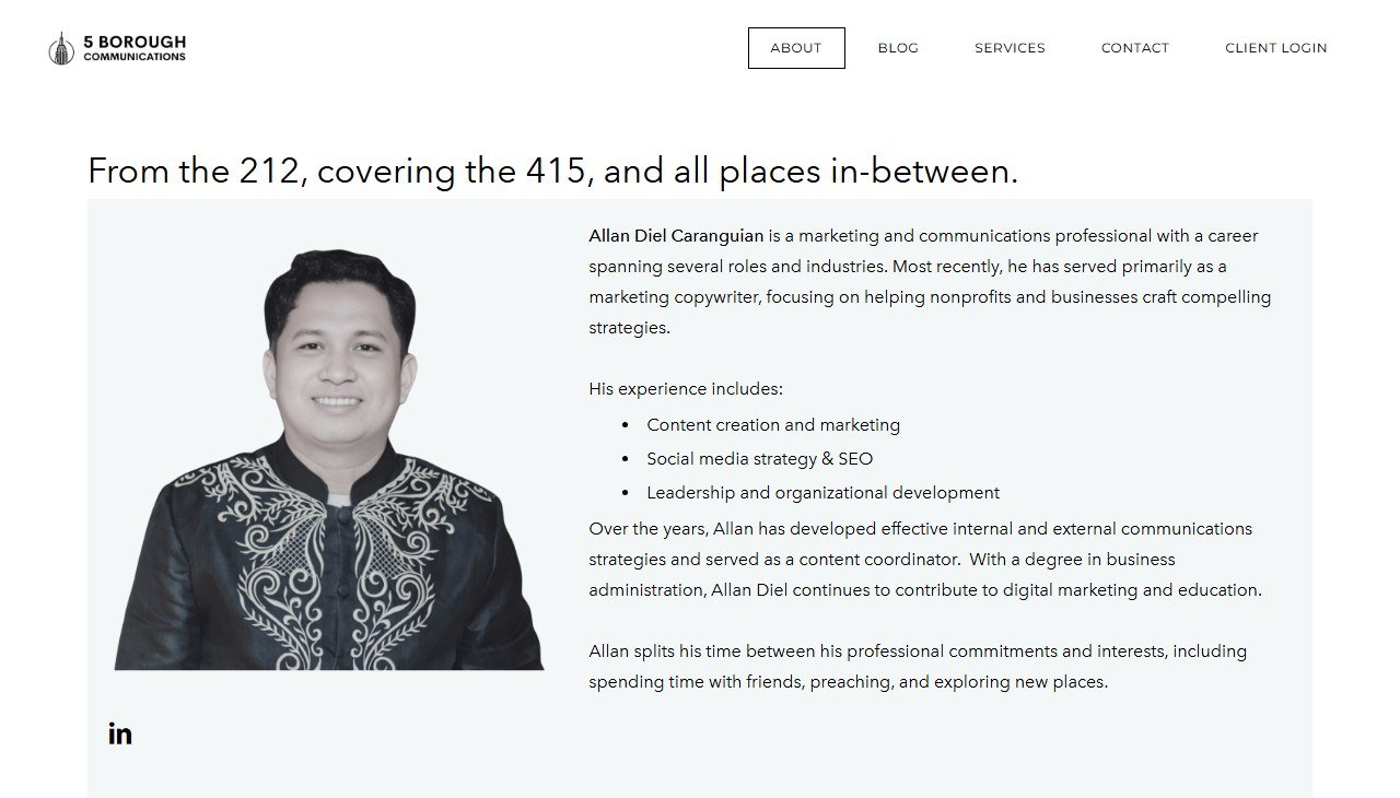Allan Diel Caranguian featured on the 5 Borough Communications team page